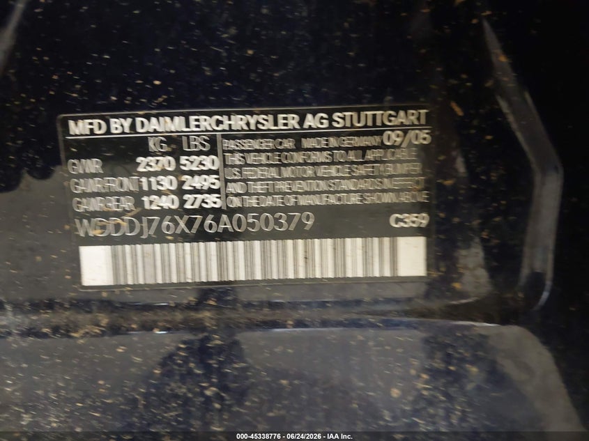 2006 Mercedes-benz Cls-klasse amg VIN WDDDJ76X76A050379 IAAI salvage auction — FRONT & REAR, Salvage (North Carolina), sold $375 on 2026-08-13 (photo 9)
