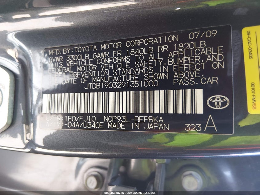2009 Toyota Yaris VIN JTDBT903291351000 IAAI salvage auction — FRONT END, Salvage (Idaho), sold $425 on 2026-07-29 (photo 9)