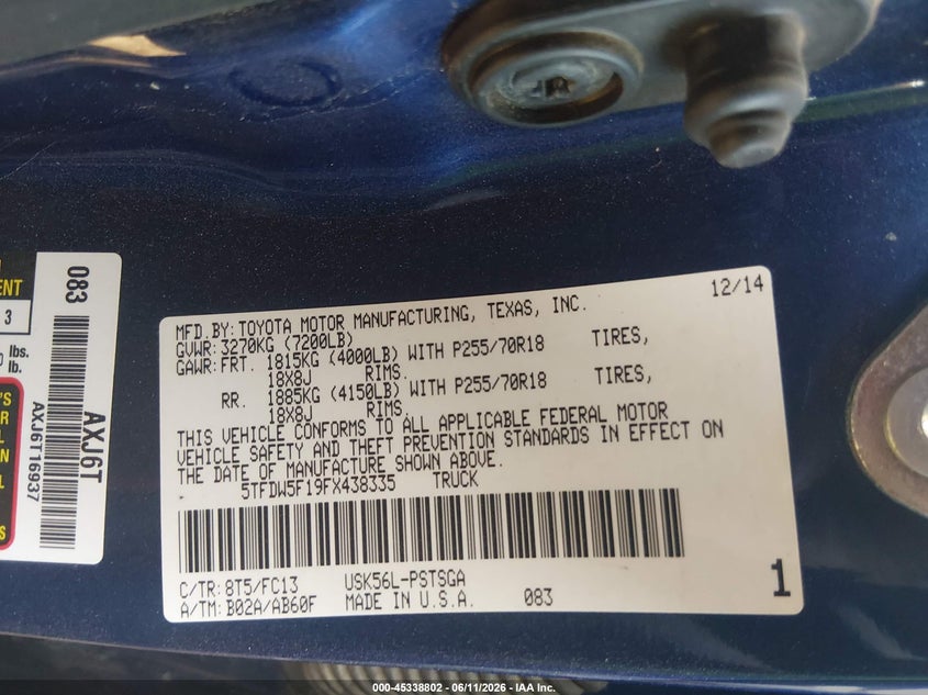 2015 Toyota Tundra VIN 5TFDW5F19FX438335 IAAI salvage auction — FRONT END, Salvage Title, sold $6,300 on 2026-07-21 (photo 9)