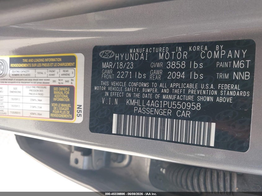 2023 Hyundai Elantra VIN KMHLL4AG1PU550958 IAAI salvage auction — RIGHT SIDE, Sf97 (Texas), sold $13,050 on 2026-07-07 (photo 9)
