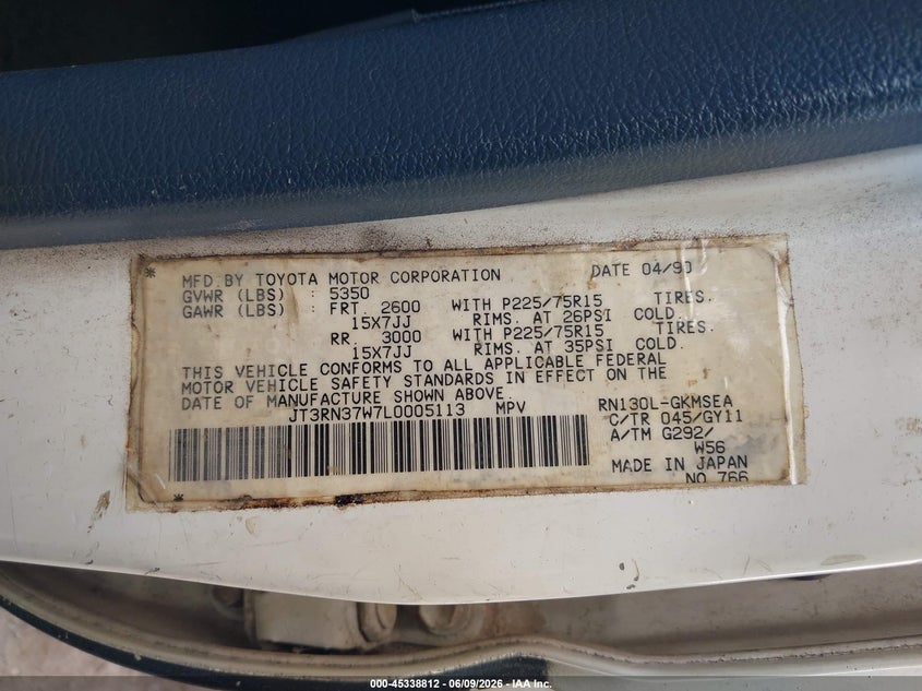 1990 Toyota 4runner VIN JT3RN37W7L0005113 IAAI salvage auction — FRONT END, Salvage (Georgia), sold $1,050 on 2026-07-09 (photo 9)
