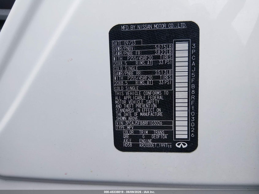 2024 Infiniti Qx50 VIN 3PCAJ5FB8RF103026 IAAI salvage auction — RIGHT REAR, Salvage (Illinois), sold $9,600 on 2026-07-28 (photo 9)