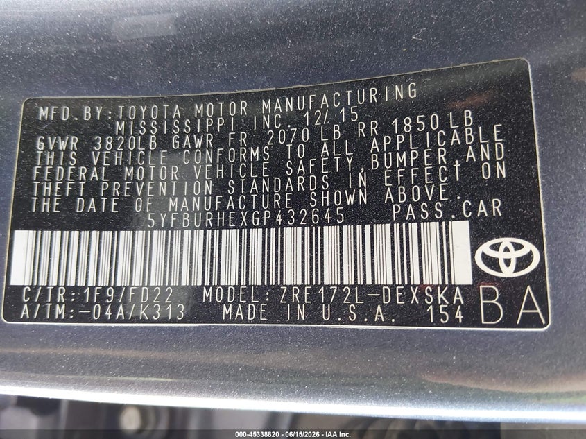 2016 Toyota Corolla VIN 5YFBURHEXGP432645 IAAI salvage auction — RIGHT SIDE, Salvage (Kansas), sold $3,575 on 2026-07-17 (photo 9)