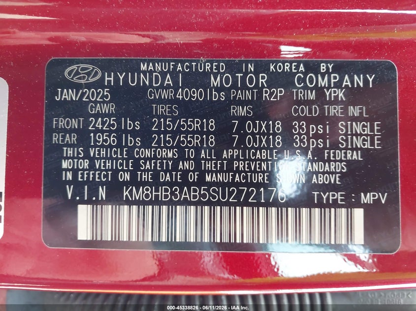 2025 Hyundai Kona VIN KM8HB3AB5SU272176 IAAI salvage auction — FRONT END, Salvage Title, sold $4,650 on 2026-07-23 (photo 9)