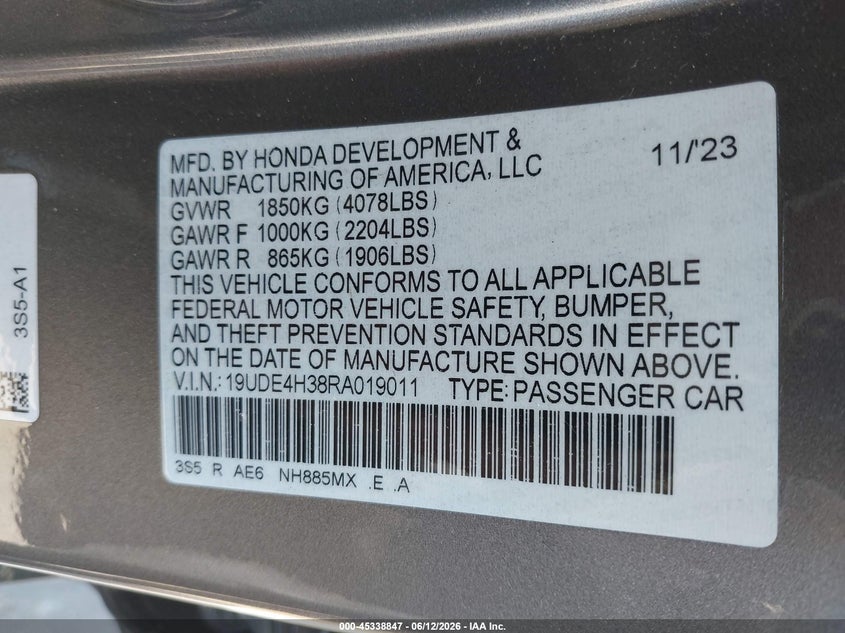 2024 Acura Integra VIN 19UDE4H38RA019011 IAAI salvage auction — FRONT END, Salvage (Connecticut), sold $12,150 on 2026-09-03 (photo 9)