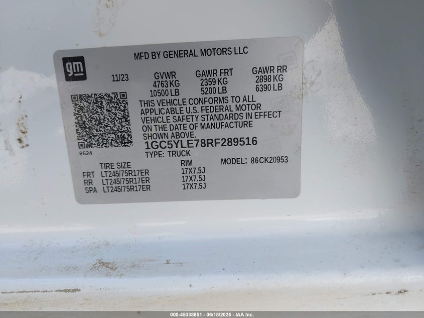 2024 Chevrolet Silverado 2500 VIN 1GC5YLE78RF289516 IAAI salvage auction — NORMAL WEAR, Sf97 (California), sold $21,500 on 2026-07-28 (photo 9)