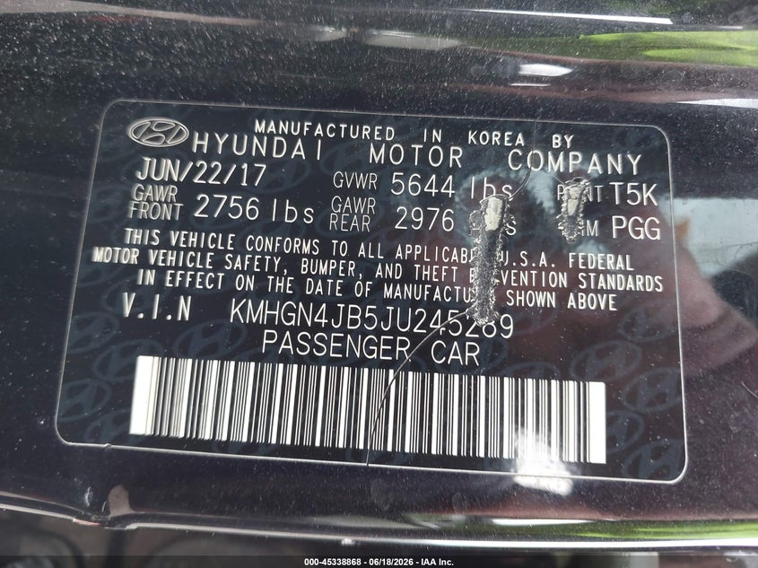 2018 Genesis G80 VIN KMHGN4JB5JU245289 IAAI salvage auction — FRONT & REAR, Salvage Title, sold $3,550 on 2026-07-17 (photo 9)