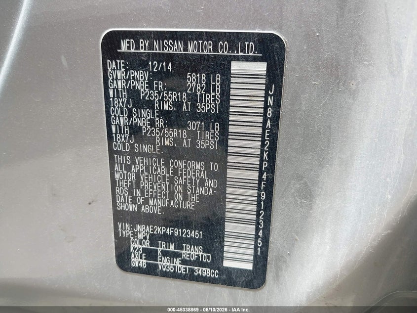 2015 Nissan Quest VIN JN8AE2KP4F9123451 IAAI salvage auction — HAIL, Salvage (Kansas), sold $3,050 on 2026-07-22 (photo 9)