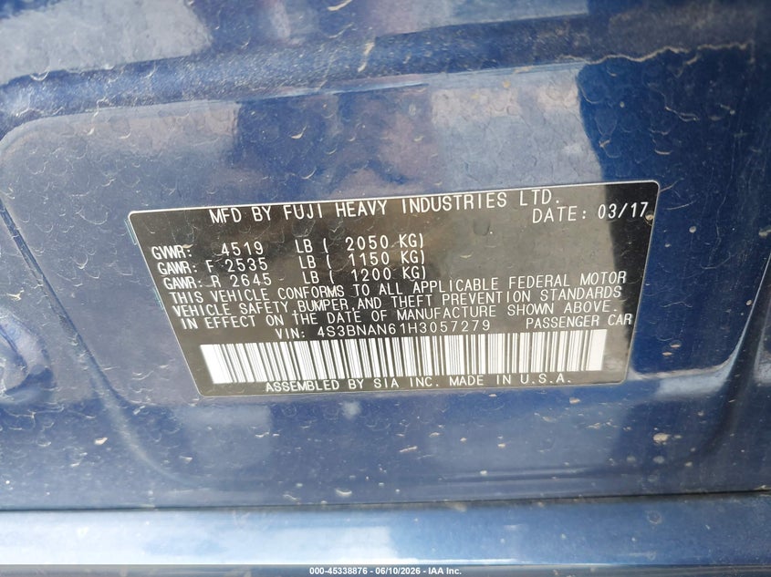 2017 Subaru LEGACY VIN 4S3BNAN61H3057279 IAAI salvage auction — FRONT END, Clear (Michigan), sold $1,450 on 2026-07-09 (photo 9)