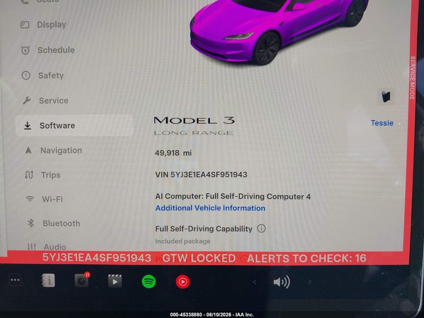 2025 Tesla Model 3 VIN 5YJ3E1EA4SF951943 IAAI salvage auction — FRONT END, Original (Texas), sold $13,000 on 2026-07-29 (photo 7)