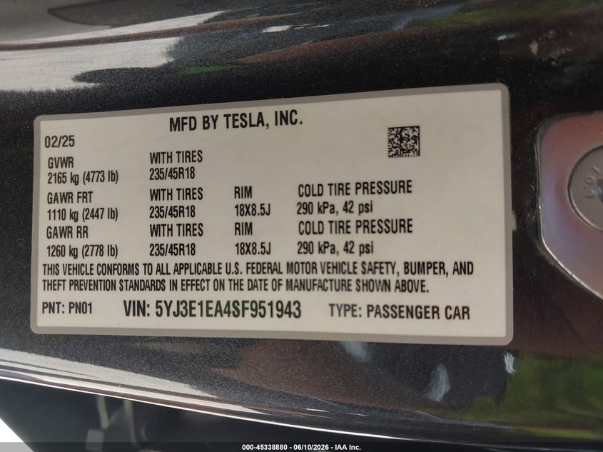 2025 Tesla Model 3 VIN 5YJ3E1EA4SF951943 IAAI salvage auction — FRONT END, Original (Texas), sold $13,000 on 2026-07-29 (photo 9)