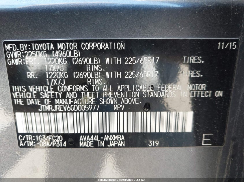 2016 Toyota Rav 4 VIN JTMRJREV6GD005977 IAAI salvage auction — FRONT END, Salvage (California), sold $2,500 on 2026-07-18 (photo 9)