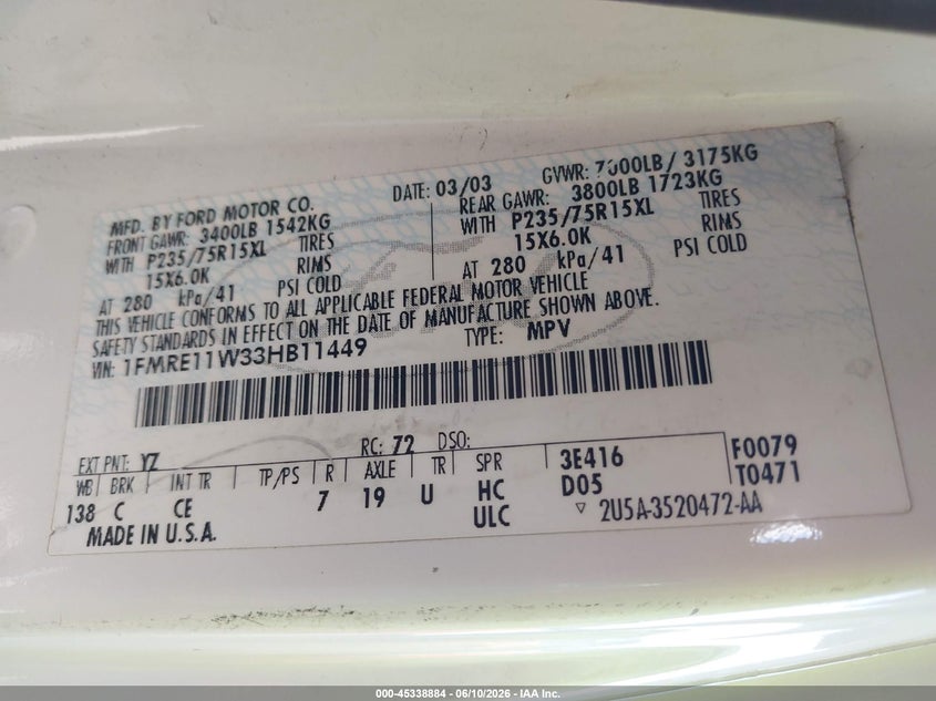 2003 Ford E 150 VIN 1FMRE11W33HB11449 IAAI salvage auction — RIGHT FRONT, Salvage (Arizona), sold $550 on 2026-07-07 (photo 9)