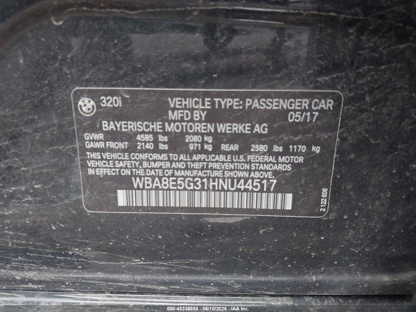 2017 BMW 3er VIN WBA8E5G31HNU44517 IAAI salvage auction — FRONT END, Salvage (Ohio), sold $475 on 2026-07-07 (photo 9)