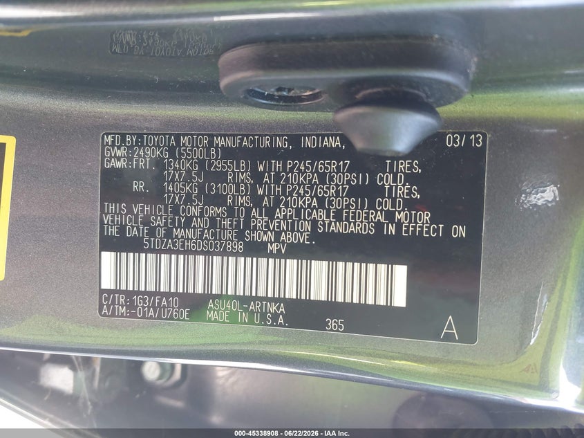2013 Toyota Highlander VIN 5TDZA3EH6DS037898 IAAI salvage auction — REAR END, Salvage (California), sold $2,950 on 2026-07-08 (photo 9)
