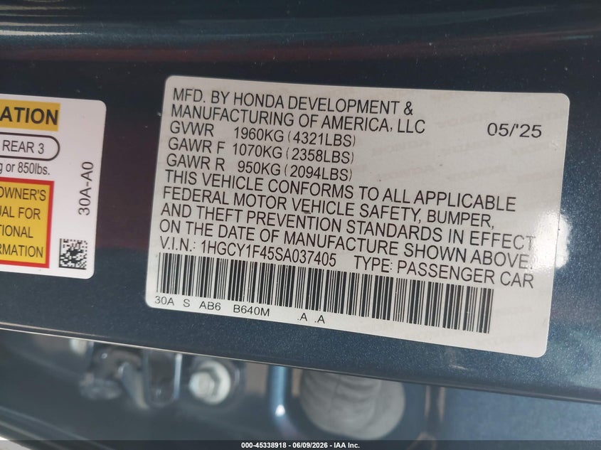 2025 Honda Accord VIN 1HGCY1F45SA037405 IAAI salvage auction — REAR END, Salvage Title, sold $11,300 on 2026-07-05 (photo 9)