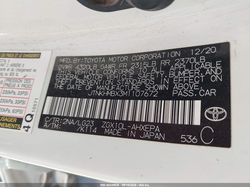 2021 Toyota C-hr VIN JTNKHMBX3M1107672 IAAI salvage auction — FRONT & REAR, Salvage (Arizona), sold $2,800 on 2026-07-14 (photo 9)