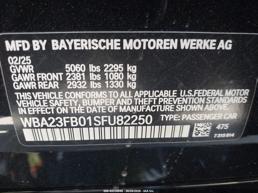 2025 BMW 4er VIN WBA23FB01SFU82250 IAAI salvage auction — LEFT FRONT, Salvage (California), sold $21,000 on 2026-07-29 (photo 9)