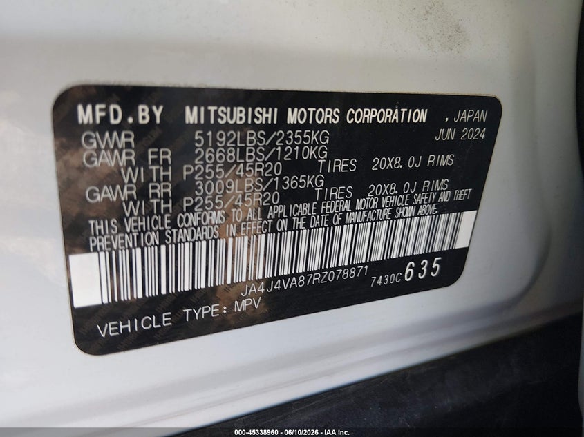 2024 Mitsubishi Outlander VIN JA4J4VA87RZ078871 IAAI salvage auction — LEFT FRONT, Salvage (Ohio), sold $8,100 on 2026-07-08 (photo 9)