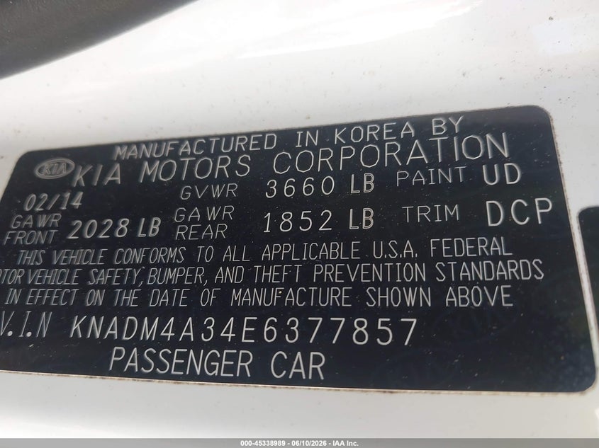 2014 Kia Rio VIN KNADM4A34E6377857 IAAI salvage auction — LEFT REAR, Salvage (Georgia), sold $575 on 2026-07-15 (photo 9)