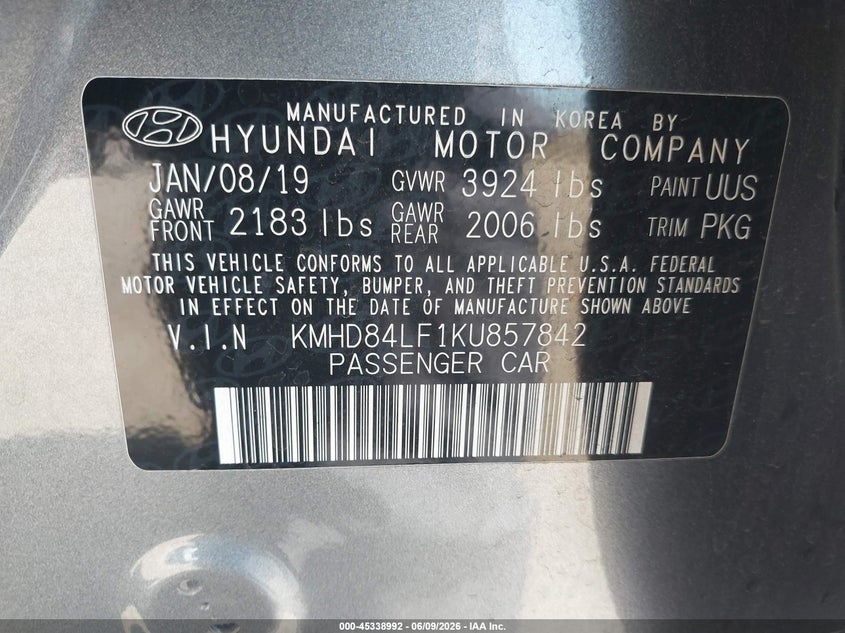 2019 Hyundai Elantra VIN KMHD84LF1KU857842 IAAI salvage auction — LEFT FRONT, Salvage (California), sold $2,975 on 2026-08-01 (photo 9)