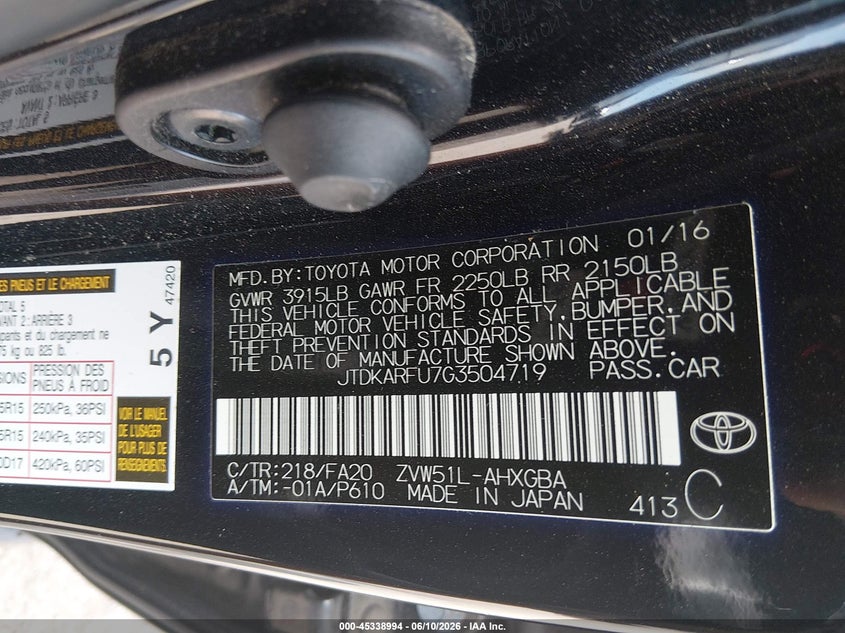 2016 Toyota Prius VIN JTDKARFU7G3504719 IAAI salvage auction — REAR END, Salvage (Texas), sold $2,200 on 2026-07-21 (photo 9)