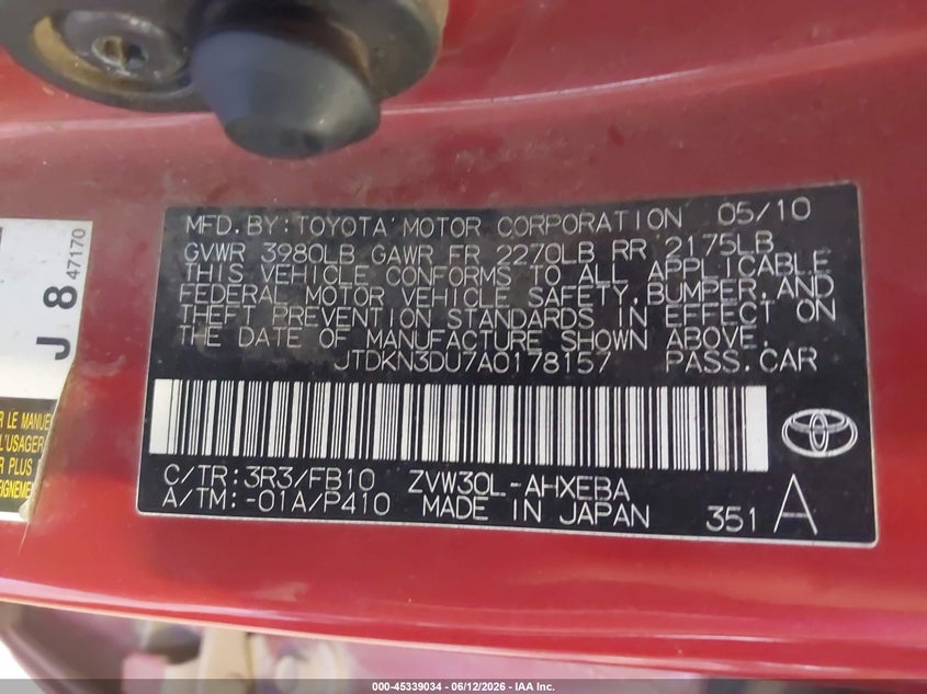 2010 Toyota Prius VIN JTDKN3DU7A0178157 IAAI salvage auction — FRONT END, Clear (Colorado), sold $275 on 2026-07-22 (photo 9)