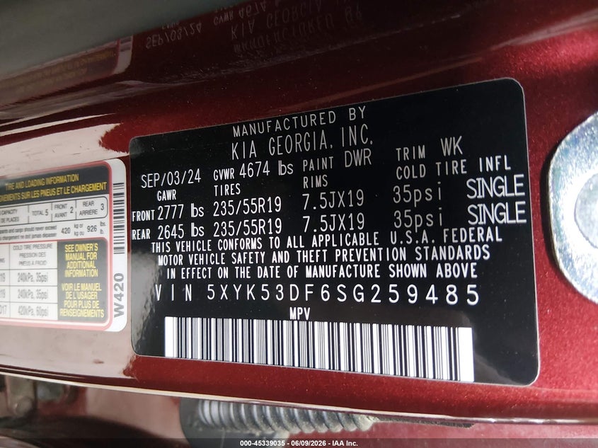 2025 Kia Sportage VIN 5XYK53DF6SG259485 IAAI salvage auction — FRONT END, Clear (Tennessee), sold $6,500 on 2026-07-29 (photo 9)