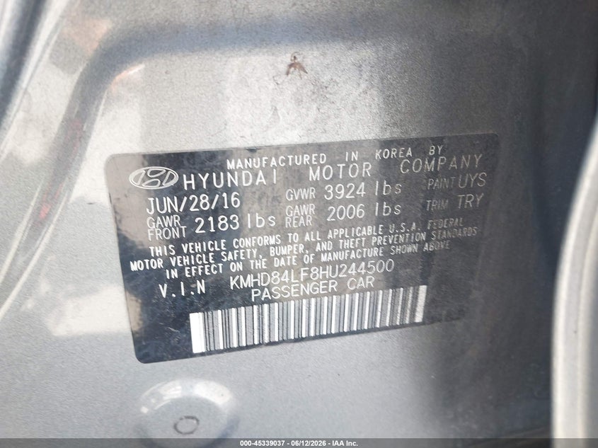 2017 Hyundai Elantra VIN KMHD84LF8HU244500 IAAI salvage auction — FRONT END, Salvage (California), sold $1,850 on 2026-07-20 (photo 9)
