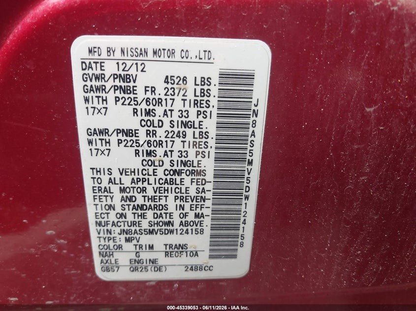 2013 Nissan Rogue VIN JN8AS5MV5DW124158 IAAI salvage auction — NORMAL WEAR, Clear (Massachusetts), sold $450 on 2026-07-24 (photo 9)
