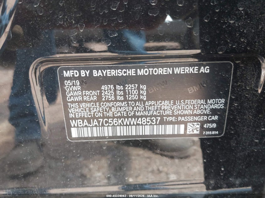 2019 BMW 5er VIN WBAJA7C56KWW48537 IAAI salvage auction — FRONT END, Salvage (Alabama), sold $5,500 on 2026-07-08 (photo 9)