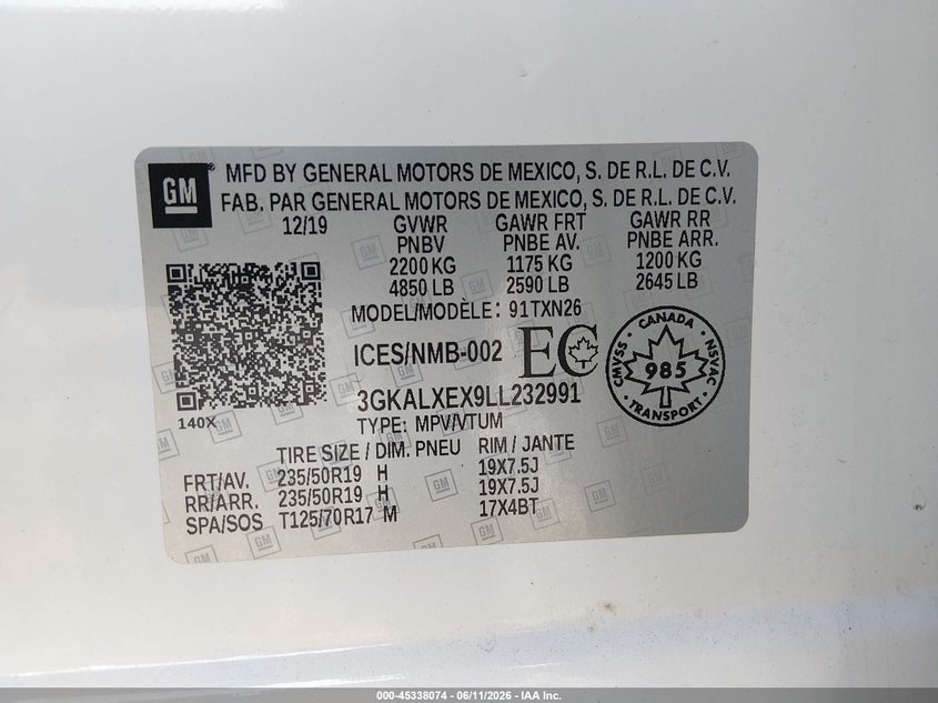 2020 Gmc Terrain VIN 3GKALXEX9LL232991 IAAI salvage auction — REAR END, Salvage Title, sold $4,500 on 2026-08-03 (photo 9)