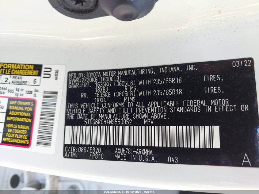 2022 Toyota Highlander VIN 5TDGBRCH4NS550952 IAAI salvage auction — REAR END, Salvage (Virginia), sold $19,700 on 2026-07-17 (photo 9)
