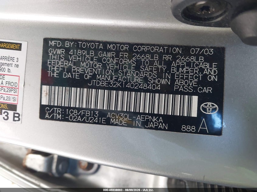 2004 Toyota Camry VIN JTDBE32K140248404 IAAI salvage auction — FRONT END, Salvage (Idaho), sold $75 on 2026-07-28 (photo 9)