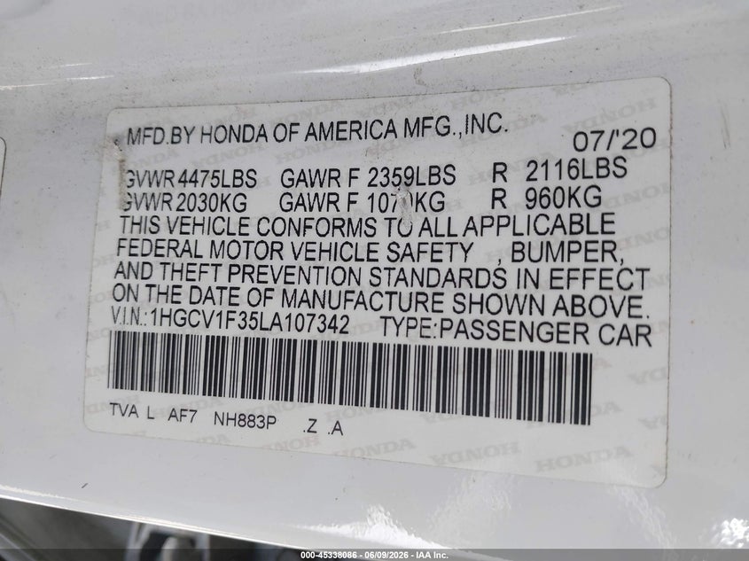 2020 Honda Accord VIN 1HGCV1F35LA107342 IAAI salvage auction — FRONT END, Salvage (California), sold $3,100 on 2026-07-20 (photo 9)