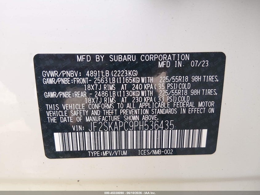 2023 Subaru Forester VIN JF2SKAPC9PH536435 IAAI salvage auction — RIGHT SIDE, Salvage (Maine), sold $25 on 2026-07-31 (photo 9)