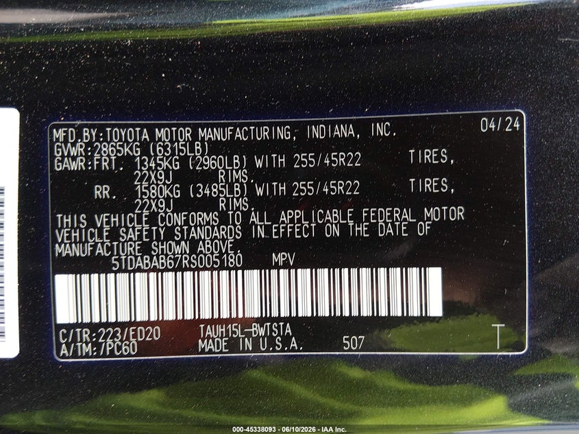 2024 Lexus Tx VIN 5TDABAB67RS005180 IAAI salvage auction — FRONT END, Original (Texas), sold $19,950 on 2026-08-25 (photo 9)