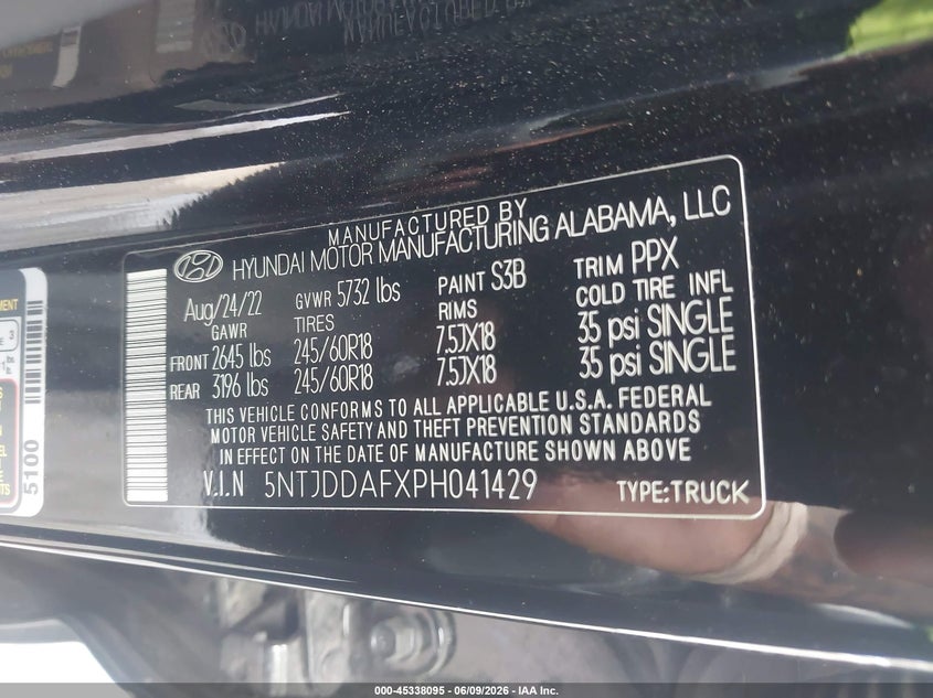 2023 Hyundai Santa cruz VIN 5NTJDDAFXPH041429 IAAI salvage auction — RIGHT SIDE, Certificate Of Destruction (Florida), sold $5,350 on 2026-07-14 (photo 9)