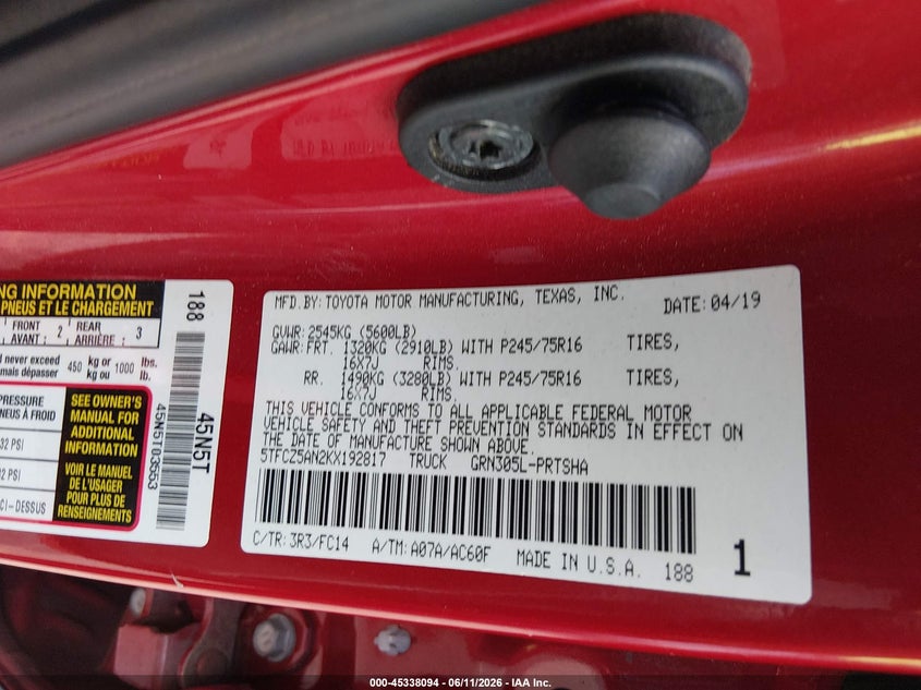 2019 Toyota Tacoma VIN 5TFCZ5AN2KX192817 IAAI salvage auction — REAR END, Original (Texas), sold $8,700 on 2026-07-22 (photo 9)