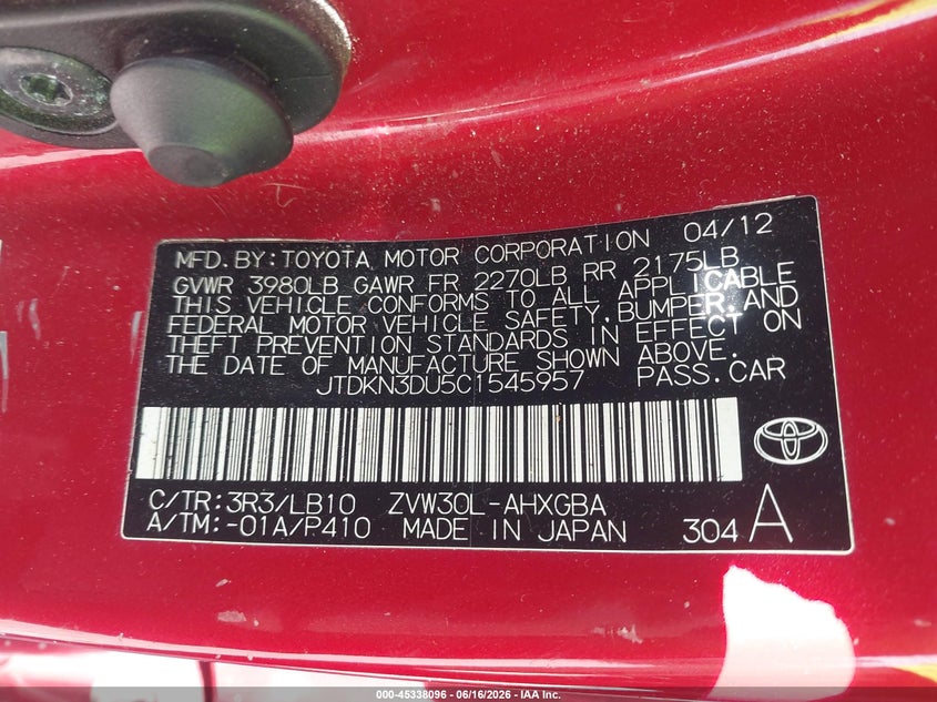 2012 Toyota Prius VIN JTDKN3DU5C1545957 IAAI salvage auction — FRONT END, Clear (Wisconsin), sold $650 on 2026-07-21 (photo 9)
