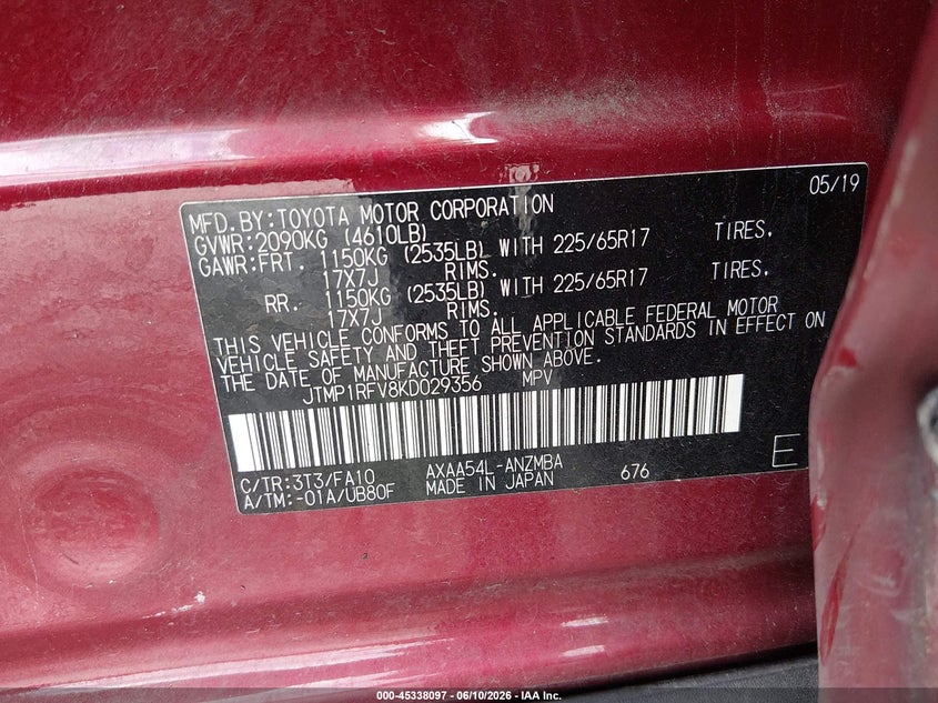 2019 Toyota Rav 4 VIN JTMP1RFV8KD029356 IAAI salvage auction — FRONT END, Salvage Title, sold $8,100 on 2026-07-29 (photo 9)