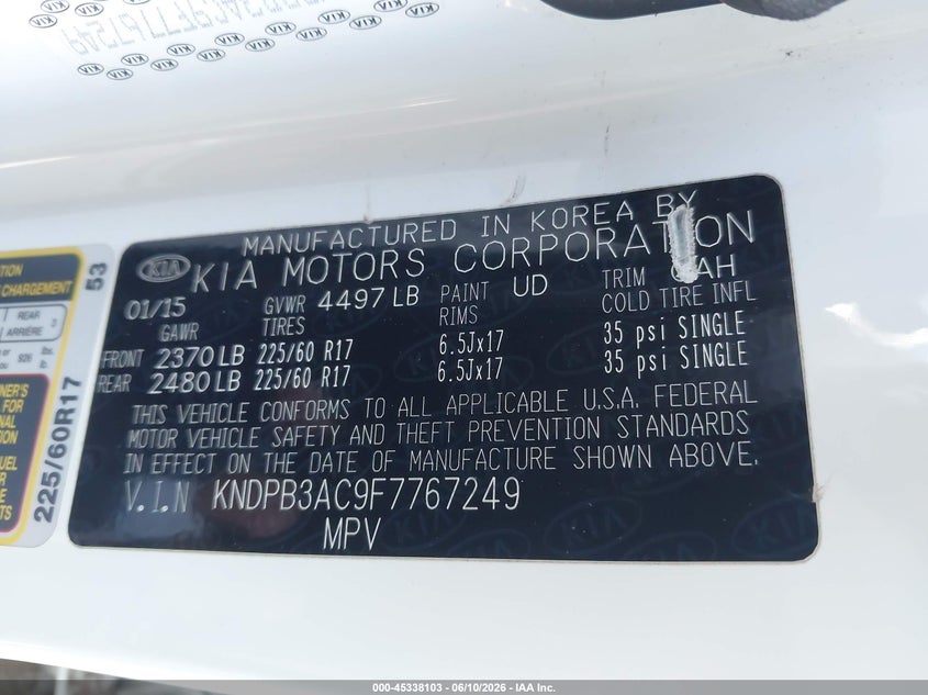 2015 Kia Sportage VIN KNDPB3AC9F7767249 IAAI salvage auction — RIGHT FRONT, Salvage (Arizona), sold $1,850 on 2026-07-07 (photo 9)