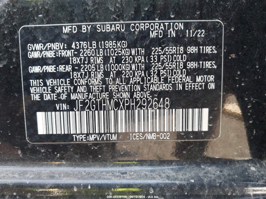 2023 Subaru Xv VIN JF2GTHMCXPH292648 IAAI salvage auction — REAR END, Salvage Title, sold $7,900 on 2026-07-23 (photo 9)