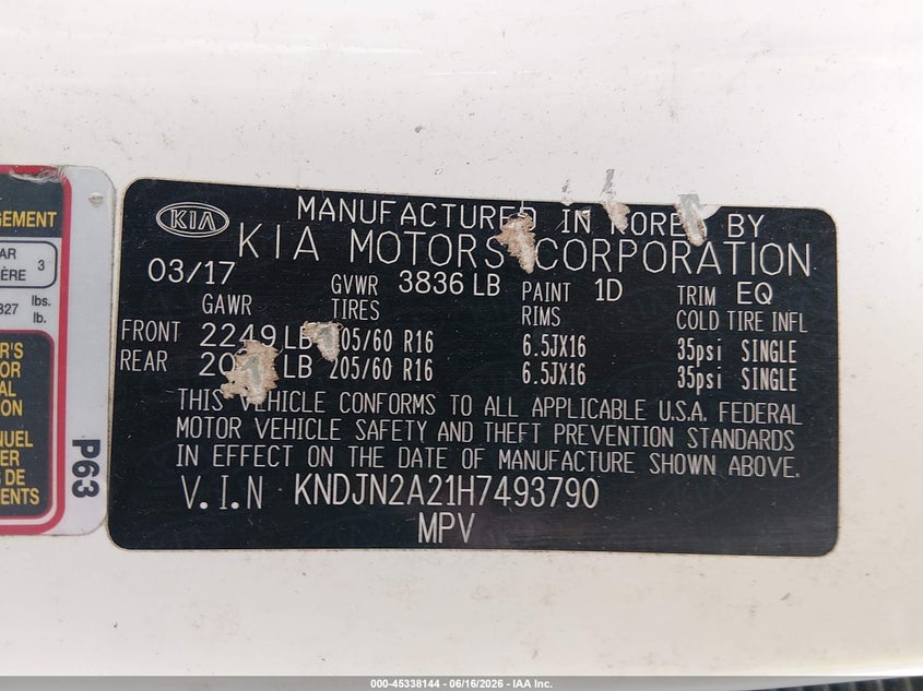 2017 Kia Soul VIN KNDJN2A21H7493790 IAAI salvage auction — NORMAL WEAR, Original (Kentucky), sold $775 on 2026-07-29 (photo 9)
