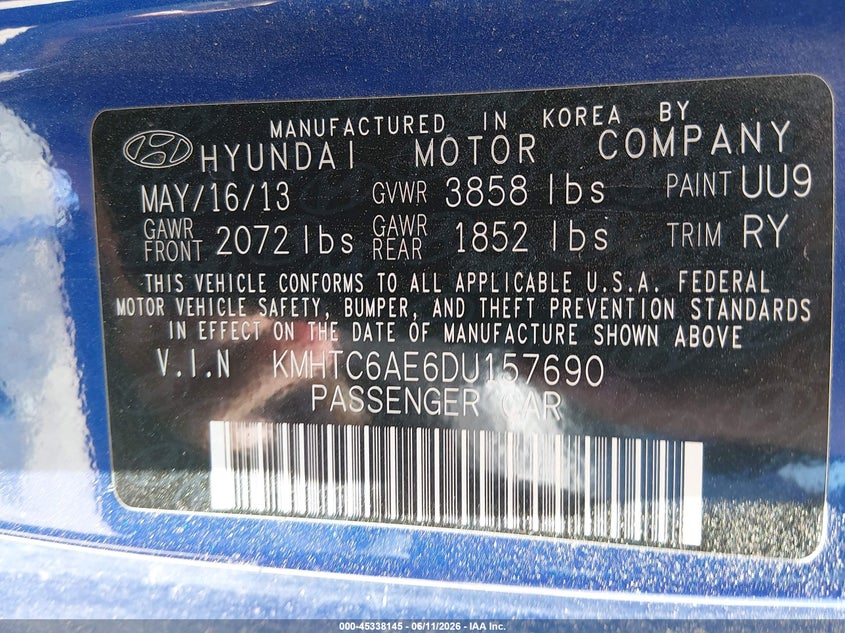 2013 Hyundai Veloster VIN KMHTC6AE6DU157690 IAAI salvage auction — REAR END, Salvage (New Mexico), sold $1,550 on 2026-07-13 (photo 9)