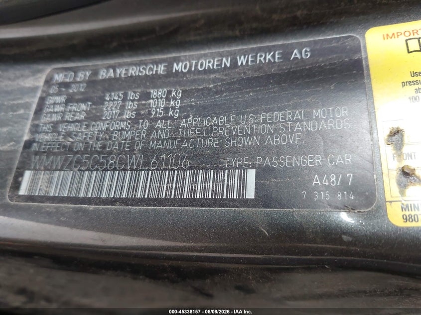 2012 Mini VIN WMWZC5C58CWL61106 IAAI salvage auction — NORMAL WEAR, Clear (Michigan), sold $750 on 2026-07-06 (photo 9)