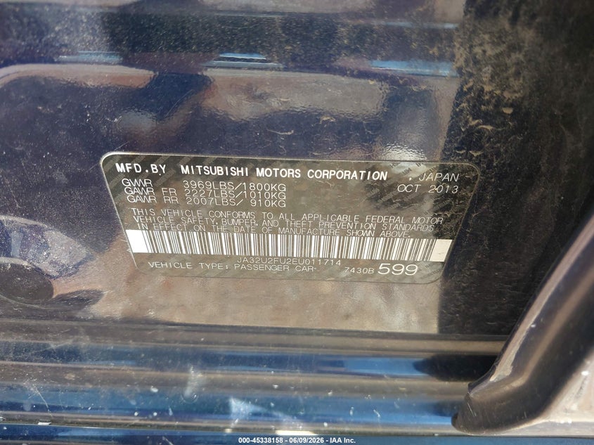 2014 Mitsubishi Lancer VIN JA32U2FU2EU011714 IAAI salvage auction — HAIL, Salvage Title, sold $425 on 2026-07-13 (photo 9)