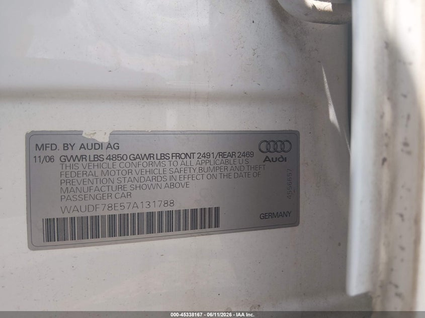 2007 Audi A4 VIN WAUDF78E57A131788 IAAI salvage auction — FRONT END, Salvage (Rhode Island), sold $25 on 2026-07-28 (photo 9)