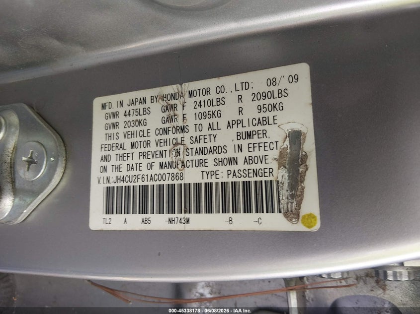 2010 Acura Tsx VIN JH4CU2F61AC007868 IAAI salvage auction — NORMAL WEAR, Clear (South Carolina), sold $650 on 2026-07-08 (photo 9)