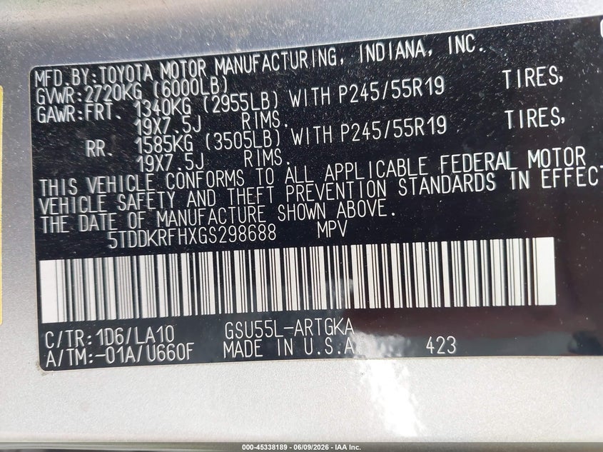 2016 Toyota Highlander VIN 5TDDKRFHXGS298688 IAAI salvage auction — FRONT END, Salvage (Minnesota), sold $6,500 on 2026-07-29 (photo 9)